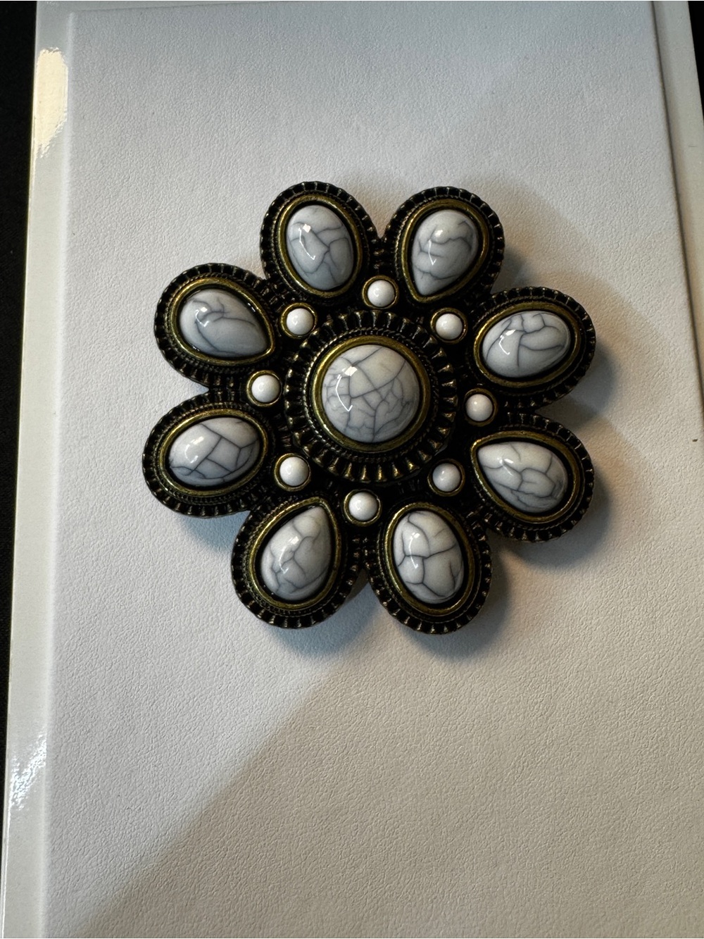 Premier Antique Gold-Tone Flower Brooch with White Marbled Cabochons